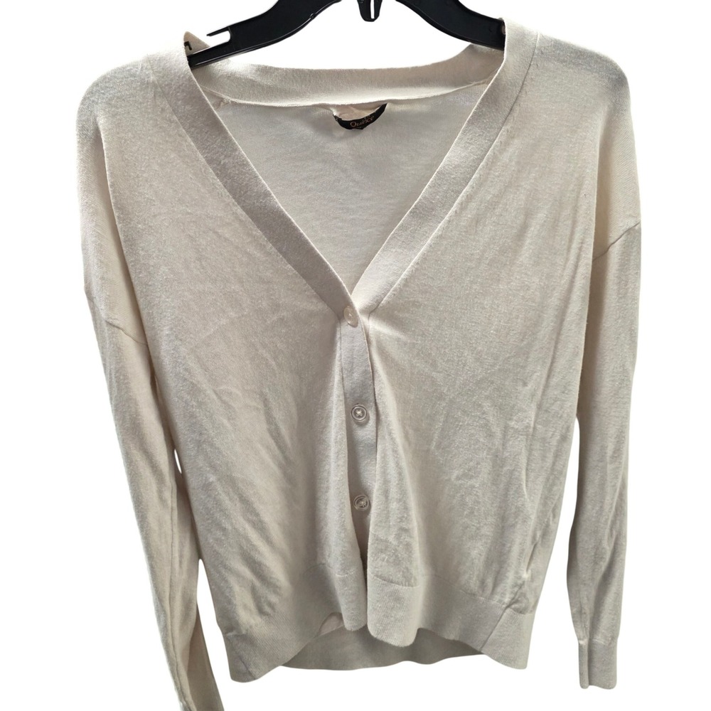 Quince Organic Cotton Viscose Cashmere V-Neck Cardigan Cream Beige Medium M